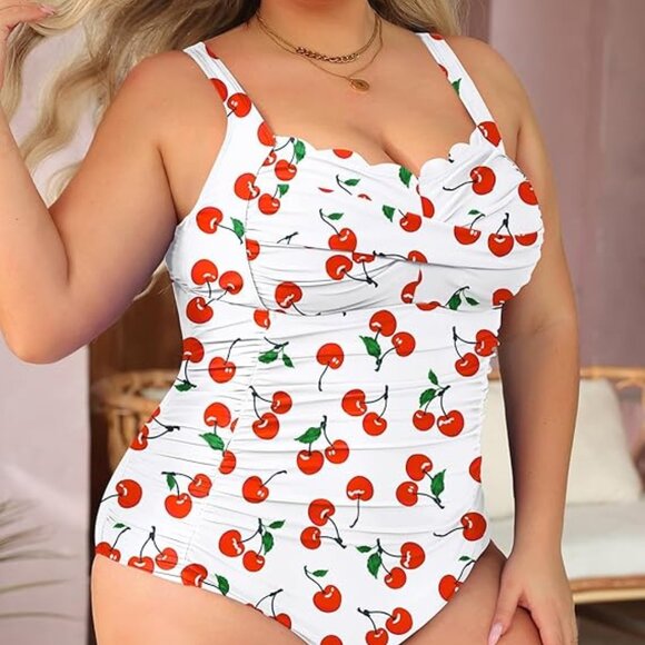 Aqua Eve Scalloped Swimwear Size 18W | Retro White Cherry Full Coverage Swimsuit - Picture 1 of 4